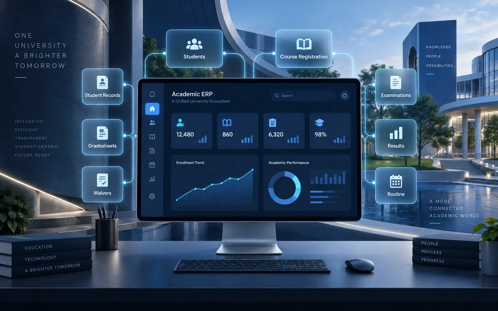 Academic ERP dashboard connecting student records, examinations, results and routine